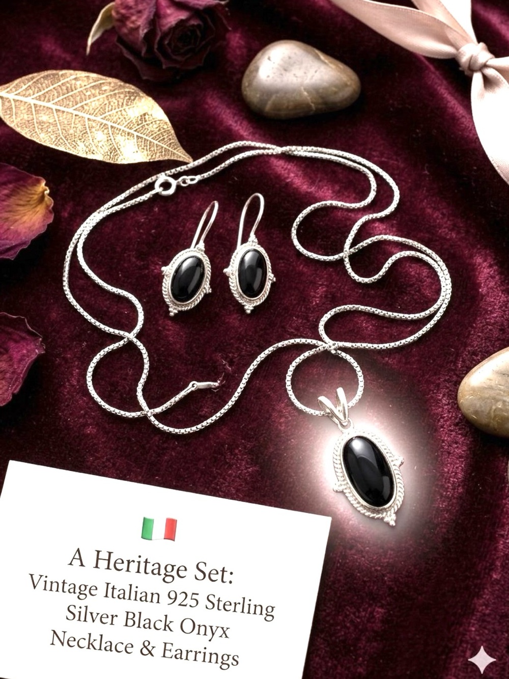 🇮🇹Vintage Italian 925 Sterling Silver Black Onyx Necklace & Earrings Set In Box